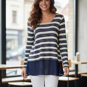 Lush Striped Knit Chiffon Hem Long Sleeve Top - Small